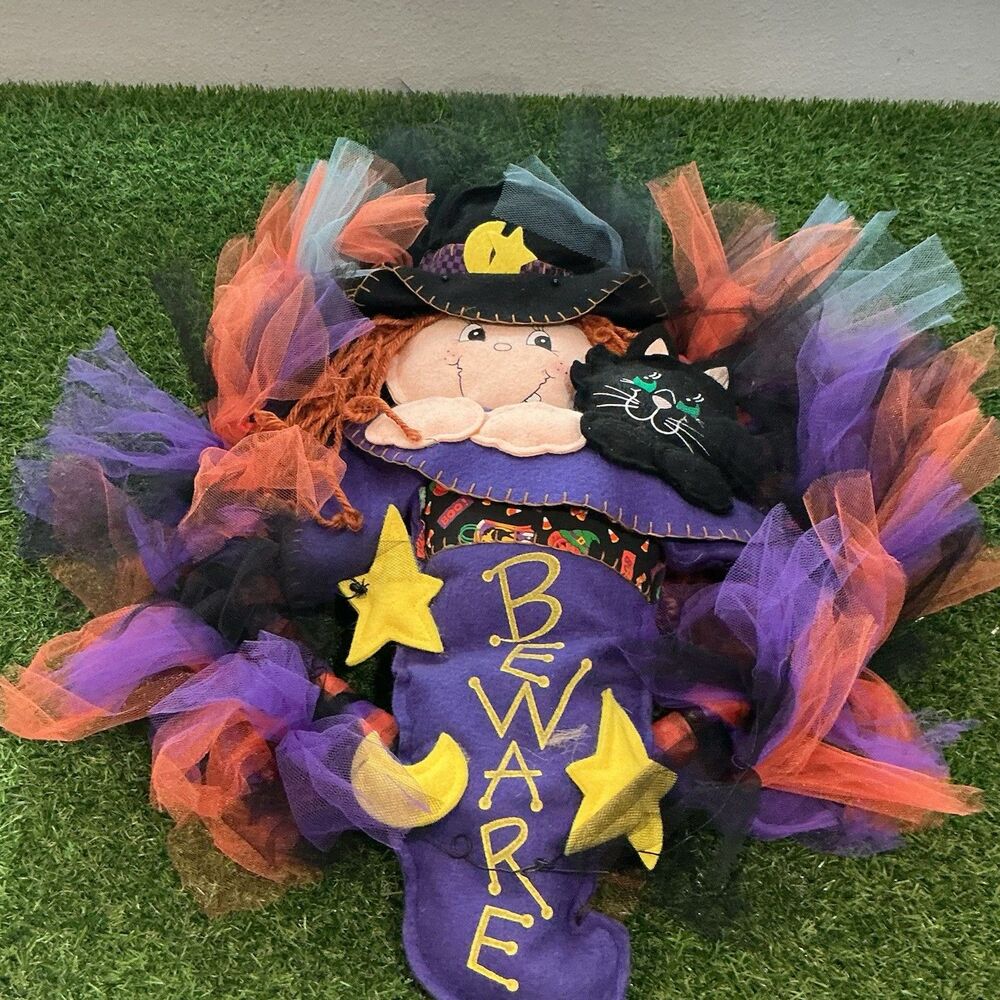 Large Halloween Witch Wreath Black Cat Tulle Wall Door Decor 19x18 Handmade